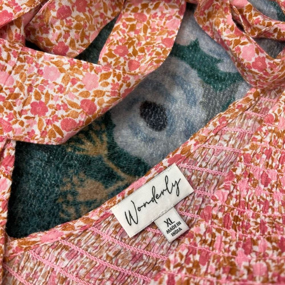 Wonderly Maxi Dress Women's XL Pink Red Cotton Floral Midi Smocked Tie Back Boho - Picture 2 of 13